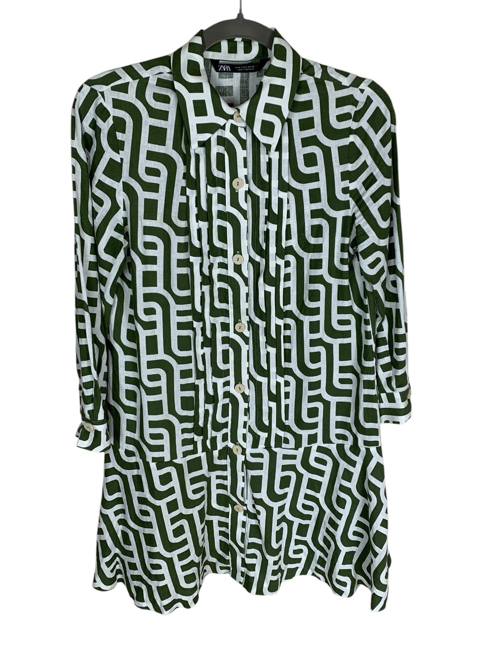 Women's Zara Green White Geometric Print Linen Blend 3/4 Sleeve Mini Dress Small - Picture 1 of 7